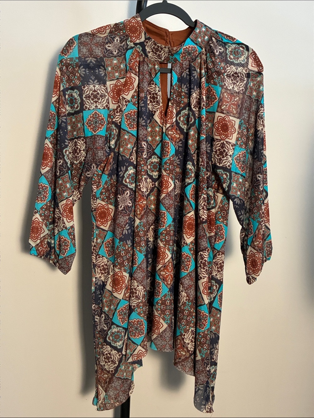 CATO Brown Turquoise Blue Patchwork Print Keyhole Neck Boho Tunic Top Small